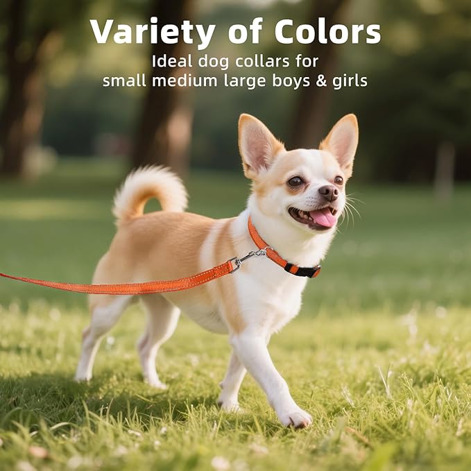 Reflective Dog Collar, Soft Neoprene Padded Nylon Pet Collar with Quick-Release Buckle, No-Choke Design Adjustable for Puppy Dogs,Orange,XS