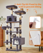 Taoqimiao Cat Tree, 71-Inch Cat Tree Cat Tower for Indoor Cats, Plush Multi-Level Cat Condo with 10 Scratching Posts, 2 Perches,Basket, 2 Caves,Hammock, 2 Pompoms,MS020G Beige Smoky Gray