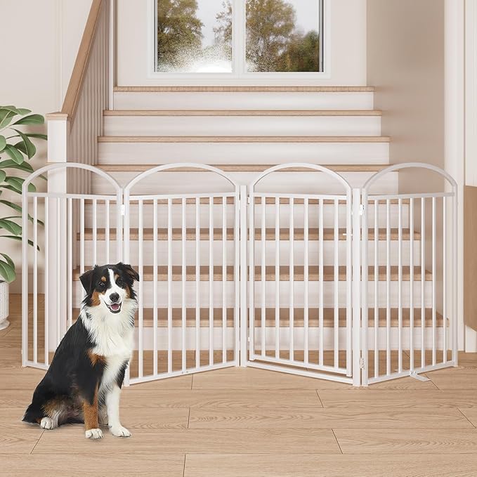 4 Panels Full Matel Freestanding Dog Gates with Door, 96"Extra Wide 36"Tall Free Standing Dog Pet Gate for Indoor & Outdoor. Foldable Pet Fences for Doorways, House, Stairs, Porch, Deck, Yard