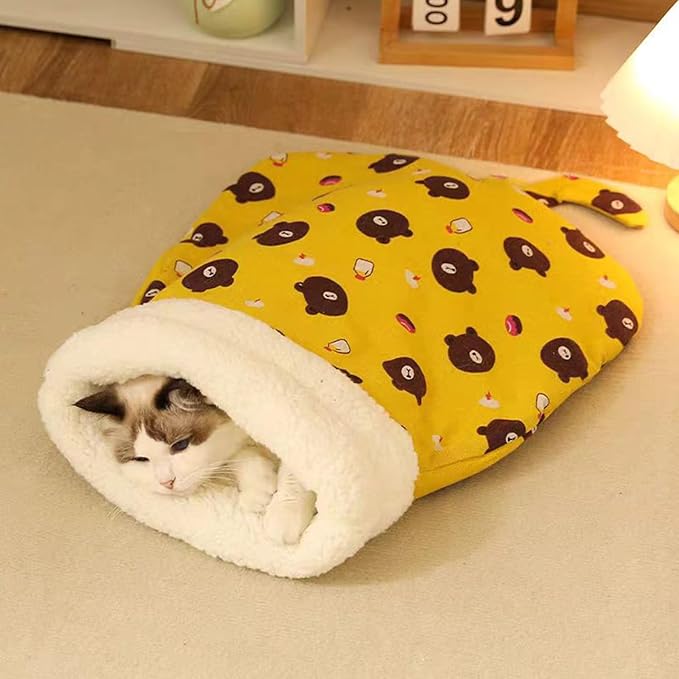 1PC Cat Sleeping Bag,Cat Sleeping Bag for Indoor Cats,Warm and Cozy Cat Sleeping Bag,Cat Winter Sleeping Bags, 360° Wrap Self Warm Cat Cave Bed Suitable for Pets Under 7.5 kg/16LB(Yellow)