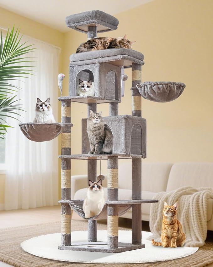 Taoqimiao Cat Tree, 77-Inch Cat Tower for Large Cats Multi-Level Cat Condos for Indoor Cats with 2 Condos, Extra-Lagre Platform, 2 Hanging Baskets, Hammock, 8 Scratching Posts, MS044W Light Gray