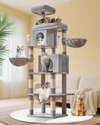 Taoqimiao Cat Tree, 77-Inch Cat Tower for Large Cats Multi-Level Cat Condos for Indoor Cats with 2 Condos, Extra-Lagre Platform, 2 Hanging Baskets, Hammock, 8 Scratching Posts, MS044W Light Gray