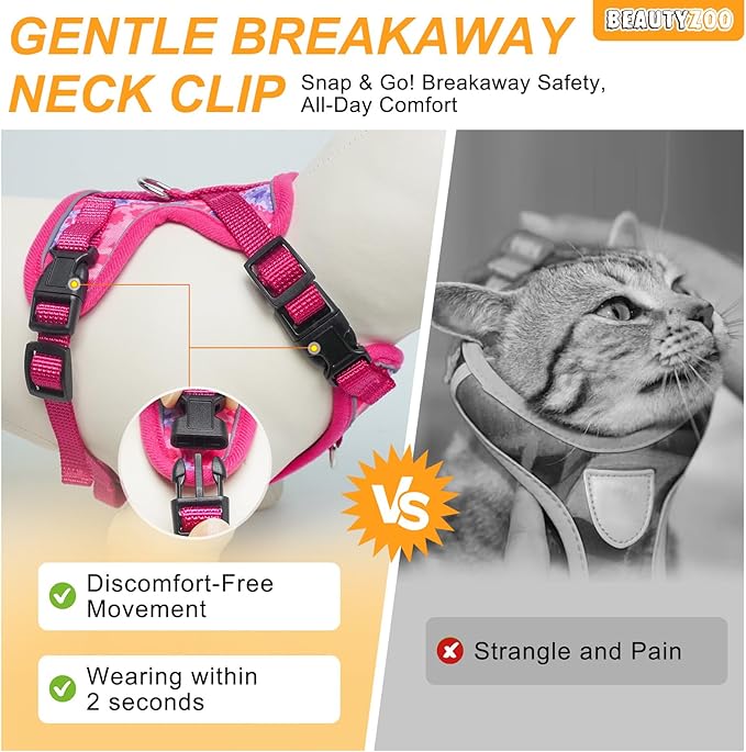 BEAUTYZOO Cat Harness and Leash Escape Proof for Walking[MAX Safety Upgrade]- Neck Release Adjustable Harness for Cats Puppy,Soft Comfortable Lightweight & Reflective Travel Kitten Harness for Outdoor