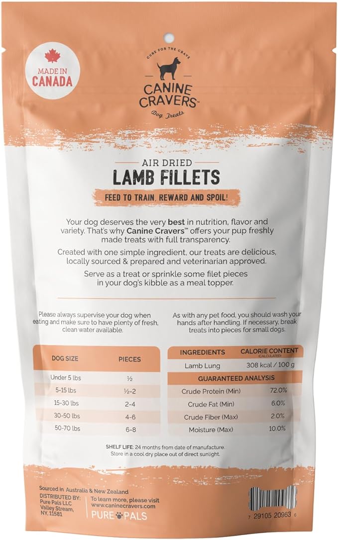 Canine Cravers Single Ingredient Dog Treats – Premium Lamb Fillets - Human Grade Air Dried Hypoallergenic Pet Food – Grain, Gluten, and Soy Free – 100% All Natural – 5.3 oz