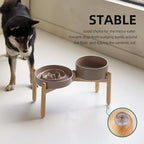 Ceramic Raised Slow Feeder Dog Bowl Set, Elevated 7.3inch Bowl and 8.2inch Puzzle Slow Dish with Wooden Stand for Medium and Large Dog, Anti-Gulping (2X Brown Coffee+ Stand)