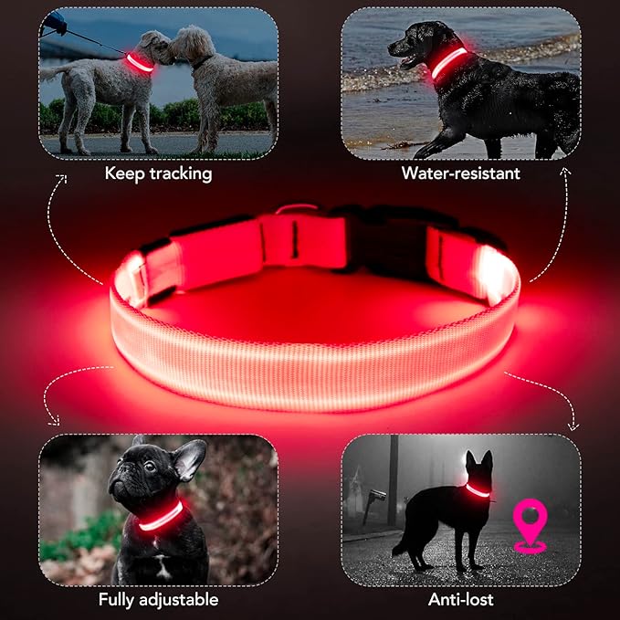 Light Up Collar, Led Dog Collar Adjustable, Rechargeable Waterproof, Night Walking Lights, Glow in Dark for Medium Large Dogs