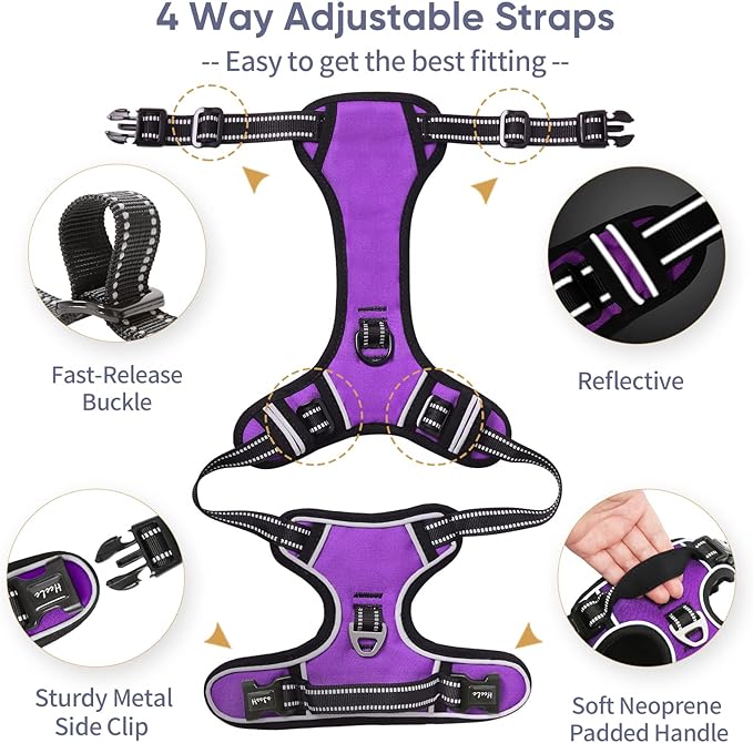 HEELE Dog Harness, No Pull Adjustable Padded Reflective Harness for Small Medium Large Dogs with Handle for Walking Training, Purple, XL