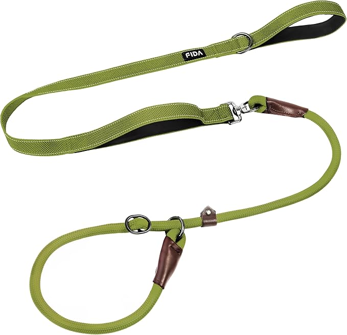 Fida 2-in-1 Slip Leads for Dogs with Double Handles, Tangle Free Leash for Large Dogs That Pull, Heavy Duty No Pull Training Leash Reflective Soft Padded for Large & Medium Breed(6ft,Green)
