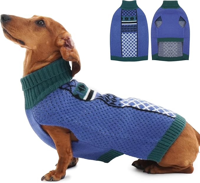 Medium Dog Sweater, Turtleneck Warm Sweater with Leash Hole, Cable Knit Stretchy Christmas Sweaters for Dogs Boy Girl, Fall Winter Pullover Dachshund Clothes, Green M