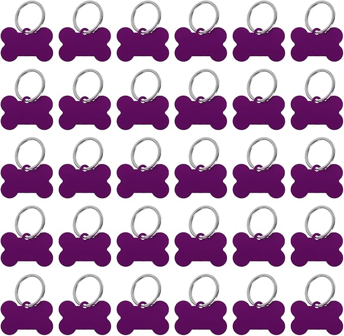 MECCANIXITY Bone Shaped Dog Tag Pet ID Tags, 38mmx25mm/1.5" x1 Metal Purple Blank Dog Tags Cat Tags with Ring for Dog Cat, Pendant Crafts, Pack of 30
