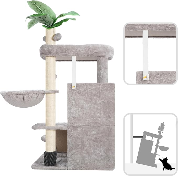 Cat Tree for Indoor Cats Large Adult, Heavy Duty Cat Tower for Big Cats, Cat Tree House with Self Groomer Brush, Big Padded Top Perch, Scratching Post, Hammock, Light Gray GCT012W
