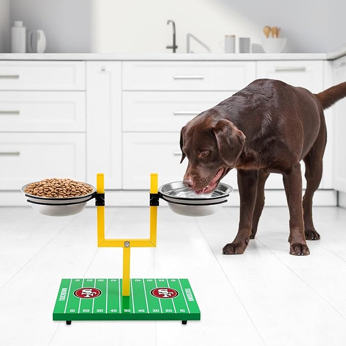 NFL San Francisco 49ers Goalpost Football Field Dog Feeder – Adjustable Elevated Dog Bowls with Stand, 2 Stainless Steel Bowls, Non-Slip Rubber Feet, Raised Pet Feeder for Large & Small Dogs, Cats.