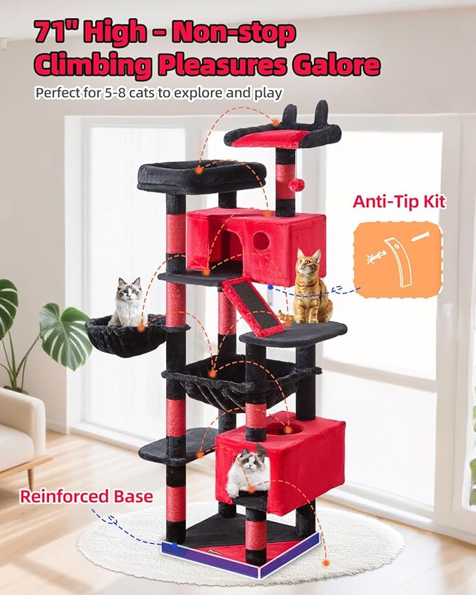 Taoqimiao Gothic Cat Tree 71-Inch, Cat Tower for Indoor Cats Large Adult, Multi-Level Large Cat Condo, 8 Sisal Scratching Posts, Metal Frame Cozy Hammock, Scratch Board, 2 Top Perches, MS026LBR