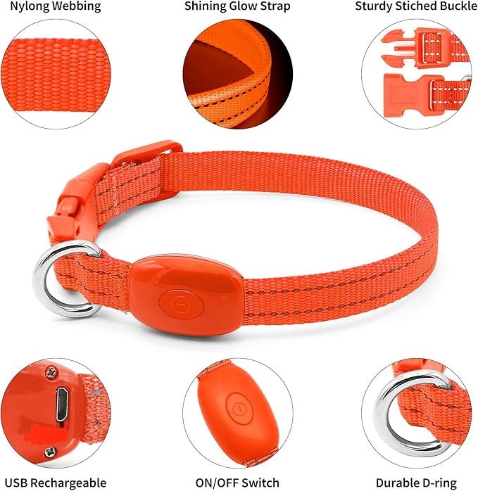 Light Up Dog Collar - Rechargeable LED Dog Collar, Adjustable Reflective Puppy Collar, Glowing Safety Dog Lights for Small Breeds Dogs Cats (Orange)