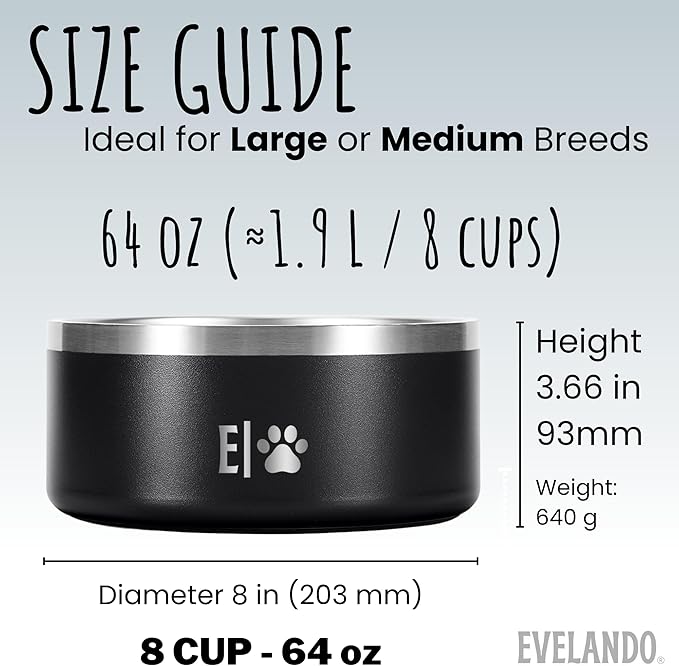 EVELANDO® Premium Dog Food Bowl 64 oz Stainless Steel 8 Cups Medium Large Dog Bowls Non Slip & BPA-Free L X XL Pet Water Bowl Platos para Perros Indoor Outdoor Pet Dish Feeder Water and Food Dish