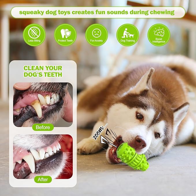 PIFFZEDO Dog Toys for Aggressive Chewers,Interactive Natural Rubber Chew & Squeaky Toy for Medium Breed Only(Not for Small Dog),Dog Toothbrush,Tough & Durable (Green,Medium)