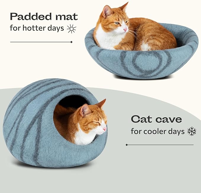 MEOWFIA Cat Cave – Premium Felt Cat Bed for Indoor Cats, Handmade 100% Merino Wool (Light Shades) (Large, Aquamarine)