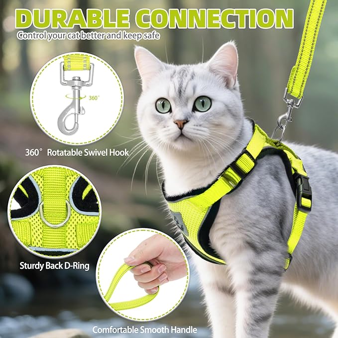 PUPTECK Cat Harness and Leash Set Escape Proof Reflective Cat Walking Harness Adjustable Soft Breathable Mesh Vest for Small Pets, Fluorescent Yellow, M