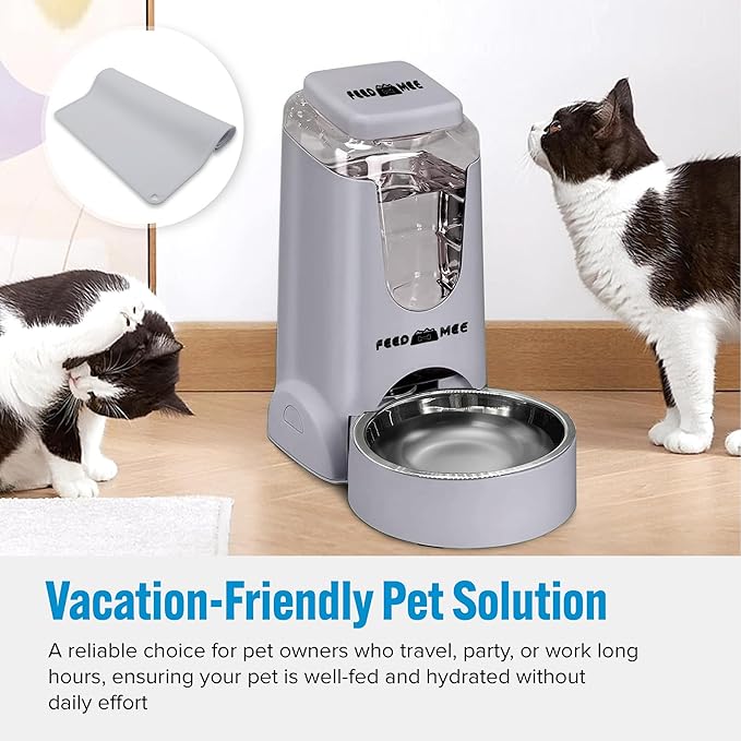 Automatic Cat Feeder Dog Water Bowl Dispenser – 2-Pack Automatic Dog Feeder with Silicone Mat, Pet Toothbrush – Safe Non-BPA Materials – Large Capacity for Small and Medium Animals Grey