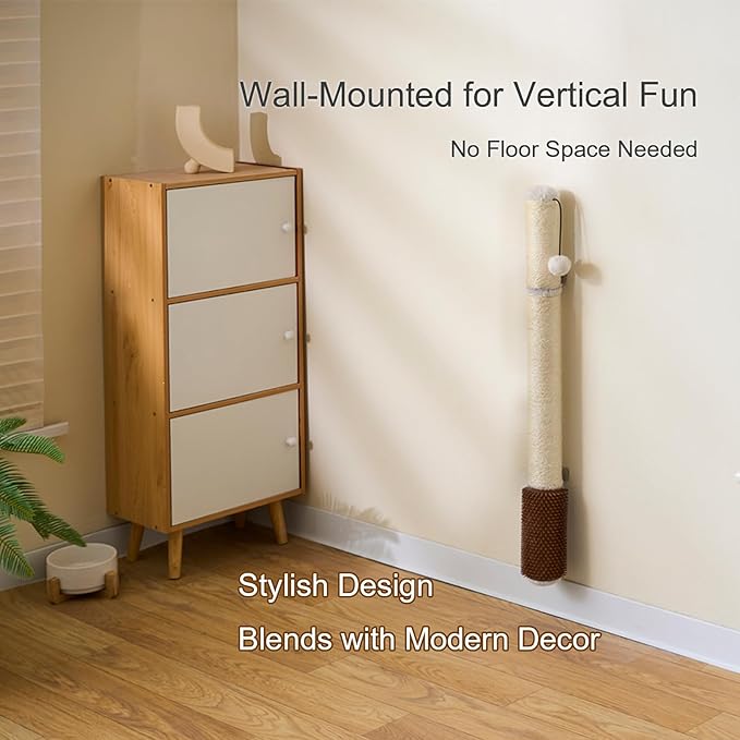34" Extra-Tall Wall Mounted Cat Scratcher – Vertical Sisal Rope Scratching Post for Large Cats, Space-Saving Cat Wall Climber with Self-Grooming Brush & Hanging Ball, Modern Beige