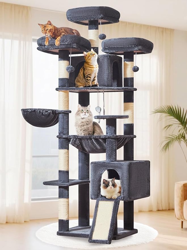 Taoqimiao 76-Inch Cat Tree with Scratching Posts,XXL Cat Tower for Large Cats with Cat Scratching Board,Extra-Large Metal Hammock,3 Perches, 2 Big Condos, Hanging Basket,MS047G,Smoke Gray