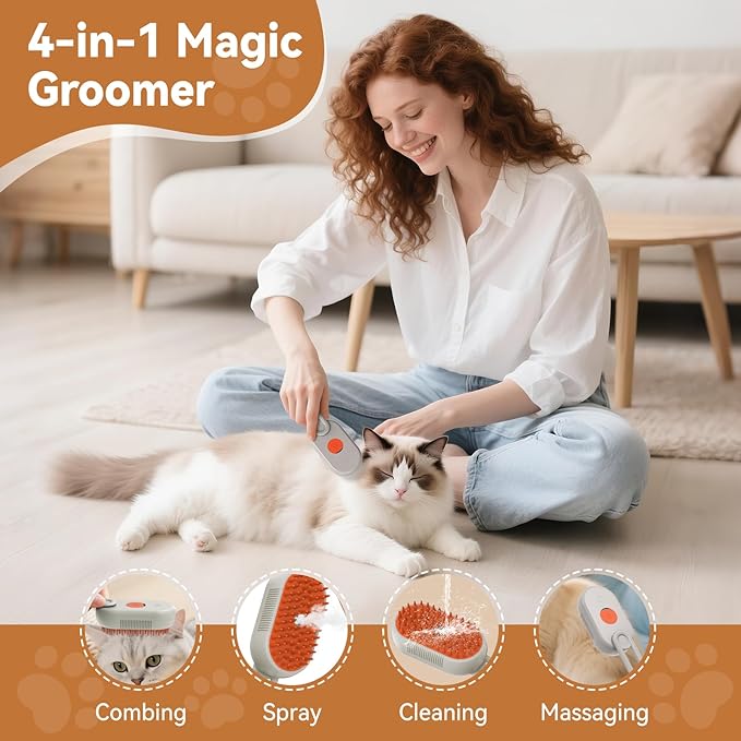 4 in 1 Pet Steam Brush for Shedding,Rechargeable cat brushes for indoor cats,Quiet Detangling Brush for Long Haired Cats and Dogs(Cream Color)