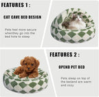 HYQ Cat Beds for Indoor Cats, Small Dog Bed with Cover Cave, Cozy Cat Cave Bed, Round Puppy Bed with Hooded Cover, Dog Beds for Small Dogs with Anti-Slip Bottom(Green, 24×24 Inch)