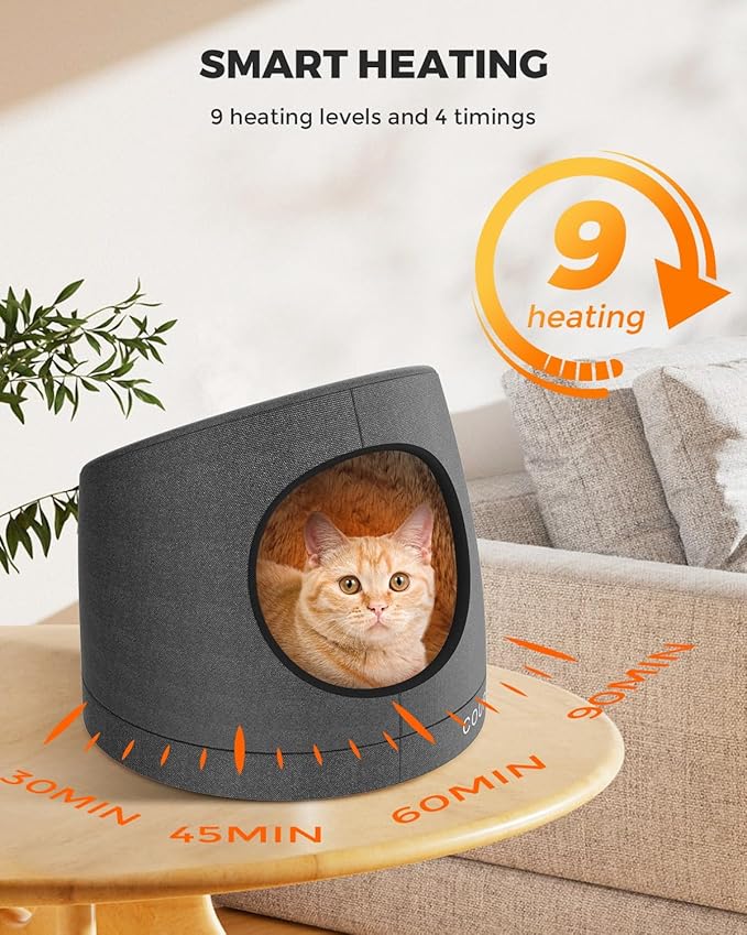 Courpal® Heated Cat Cave Bed for Indoor Cats - Surround Heating Enclosed Round Cat Dome with Adjustable Heating & Timing - Large Warm Cat Hut with FauxFur Lining for Winter Sleep - Up to 18 Lbs