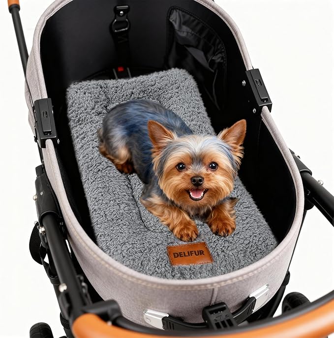 DELIFUR Warm Pet Stroller Pad - Non-Slip Kitten Puppy Bed Mat Soft Plush Winter Liner with Silicone Grips for Crate & Hard Floors Machine Washable Grey
