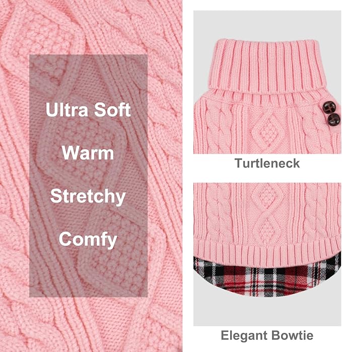 KYEESE Dog Sweater Stretchy Knitwear Cat Clothes Comfy Puppy Coat for Fall Winter Cold Weather Warm Turtleneck Small Dogs Sweater with Gingham Patchwork Soft Pullover Dog Sweaters for Small Dogs Girl