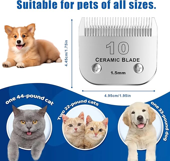10# Detachable Pet Dog Grooming Clipper Ceramic Blade,Compatible with Andis Size 10 Cut Length 1/16"(1.5mm),Compatible with andis/wahl/Oster Dog Clippers 2PCS