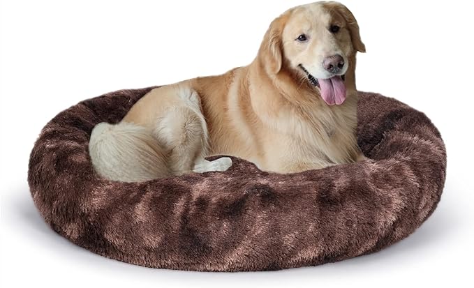 Coohom Oval Calming Donut Cuddler Dog Bed,Shag Faux Fur Cat Bed Washable Round Pillow Pet Bed(30"/36") for Small Medium Dogs (XXL(43"x34"x8"), Brown2021)