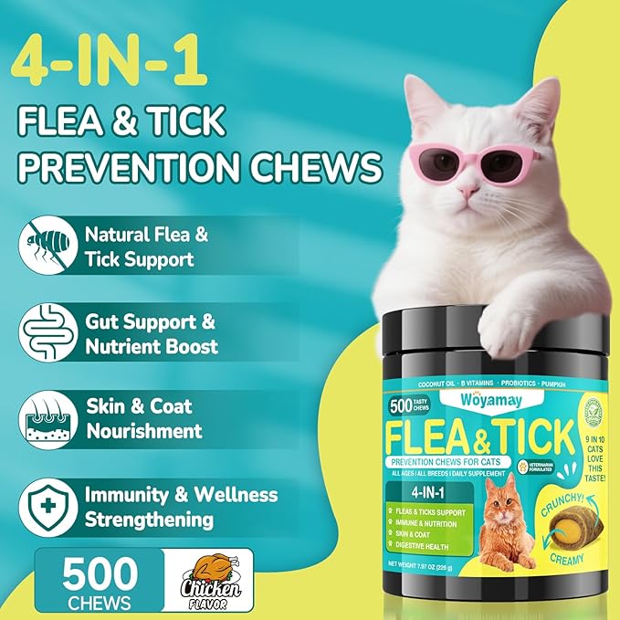 Flea and Tick Prevention Chews Bundle for Cats & Dogs, Natural Oral Flea Treatment, 200 Dog Soft Chews + 500 Cat Crunchy Chews, Daily Multi-Pet Supplement for Flea Defense, Skin & Coat, Immunity