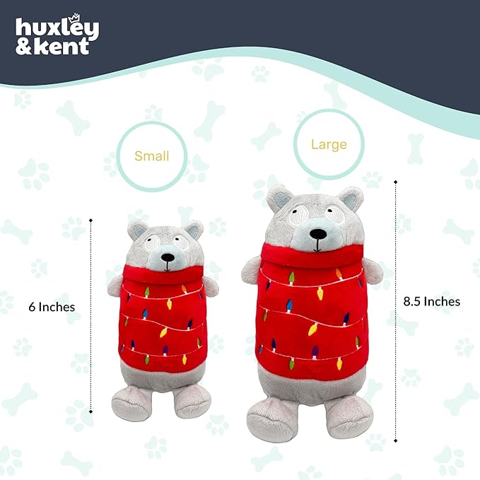 Huxley & Kent Funny Dog Toy w/Squeaker – Holiday Power Plush Squeaky Dog Toys for Small, Medium & Large Dogs – Soft Stuffed Animal for Indoor Play & Fetch - Deck The Bear, Small