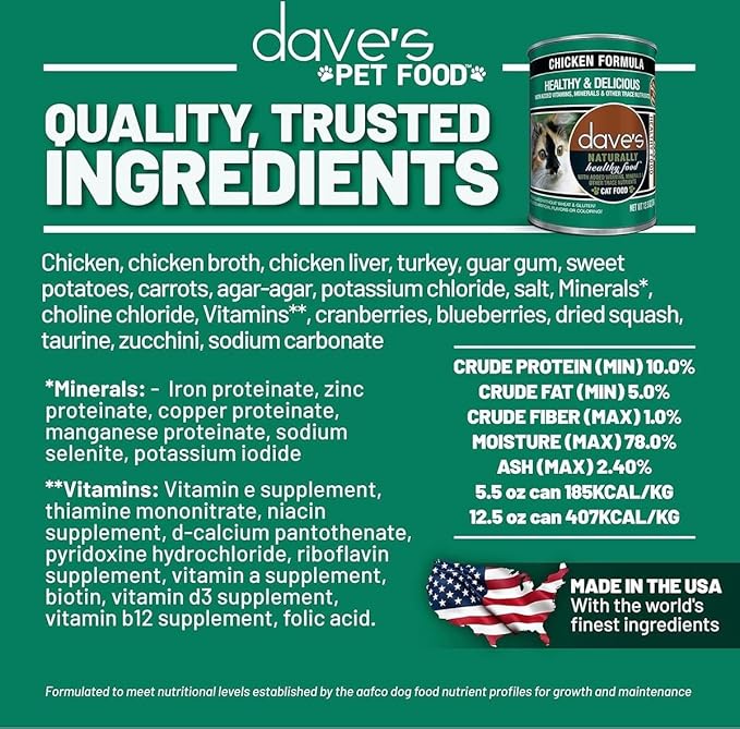 Dave's Pet Food Grain Free Wet Cat Food Pate (Chicken), Made in USA Naturally Healthy, Economy Size, Multi-Cat Families, Canned, 22 oz Cans (12 Pack)