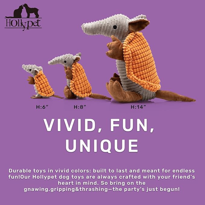 Hollypet Plush Dog Squeaky Toy Stuffed Armadillo Animal Pet Puppy Chew Toys with Clean Teeth for Small Medium Large All Breed Sizes Dogs, Orange, 14 in