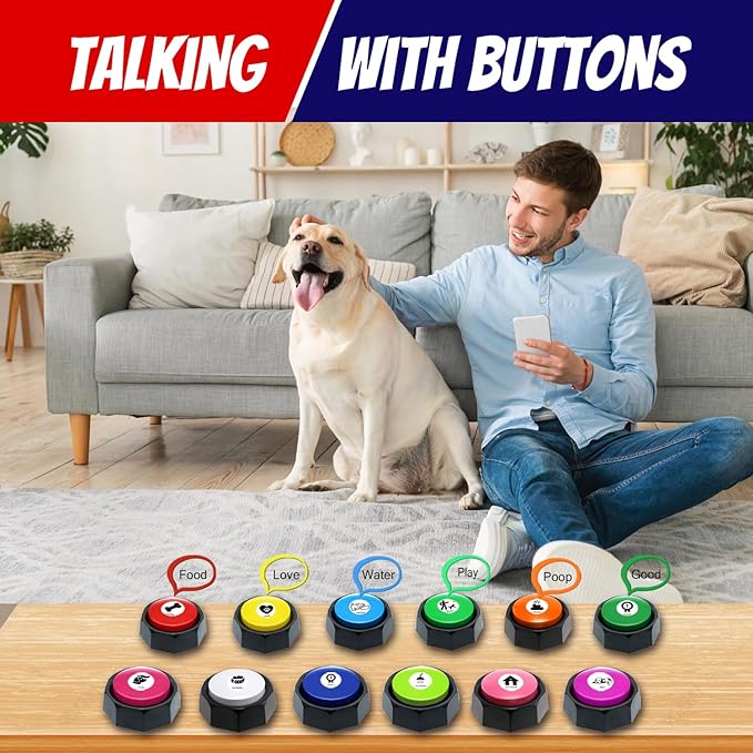 12 Color Pet Communication Buttons, Dog Buttons with 3-Mode Switch (Play/Off/Record), Talking Recordable Buttons, Includes 45 Training Stickers & Batteries for Effective Training