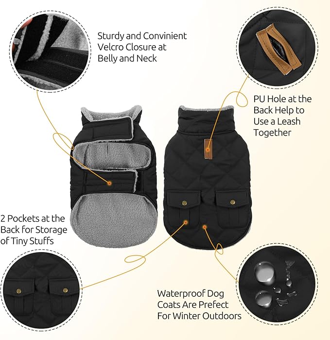 Queenmore Dog Winter Coat Warm Puffer Jacket Waterproof Plush Lining Thermal Cold Weather Vest for Small Medium Large Dogs, Windproof Easy On Pet Jacket Black XL