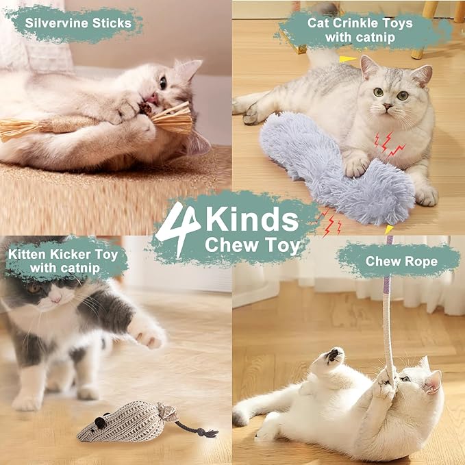 7-in-1 Kitten Toys for Indoor Cats with Washable Adhesive Suction Cup, Hanging Interactive Cat Toys, Silvervine Stick and Sisal Chew Rope Catnip Teething Toy for Bored Kitten