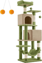 Feandrea Cat Tree, 61-Inch Cat Tower for Indoor Cats, Plush Multi-Level Cat Condo with 5 Scratching Posts, 2 Perches, 2 Caves, Hammock, 2 Pompoms, Grass Green and Camel Brown UPCT192C03