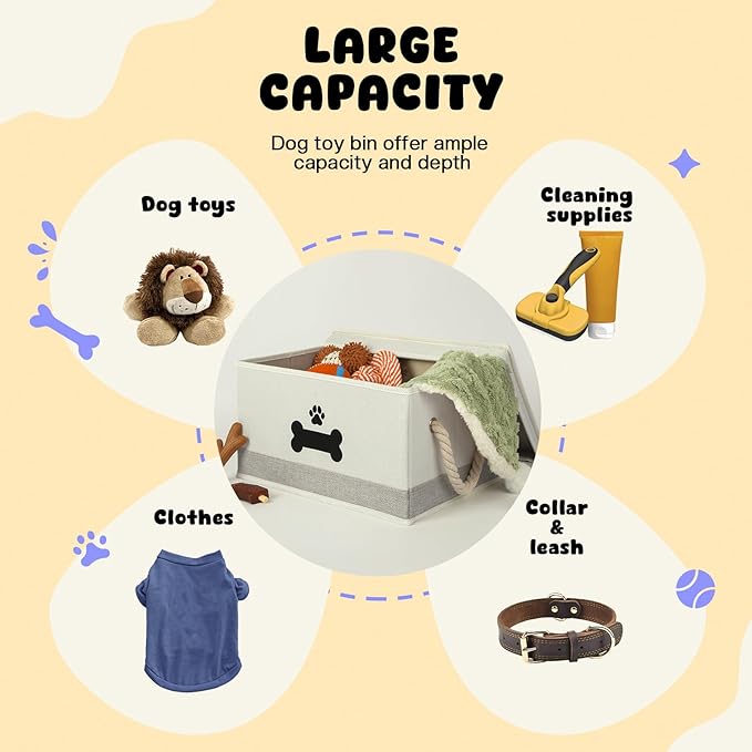 Dog Toy Basket with Lid, Dog Basket for Toys, Dog Toy Box with Cotton Rope Handles, Collapsible Storage Bins for Dog Toys, Dog Storage Organizer, Beige-Gray