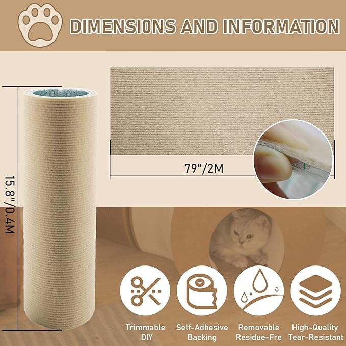 Cat Scratching Climbing Carpet Mat, Self-Adhesive Trimmable Anti Cat Scratcher Couch Furniture Protector from Cat Claws, Cat Post Covered Pad Replacement for DIY Cat Tree (Khaki, 15.8" x 79")