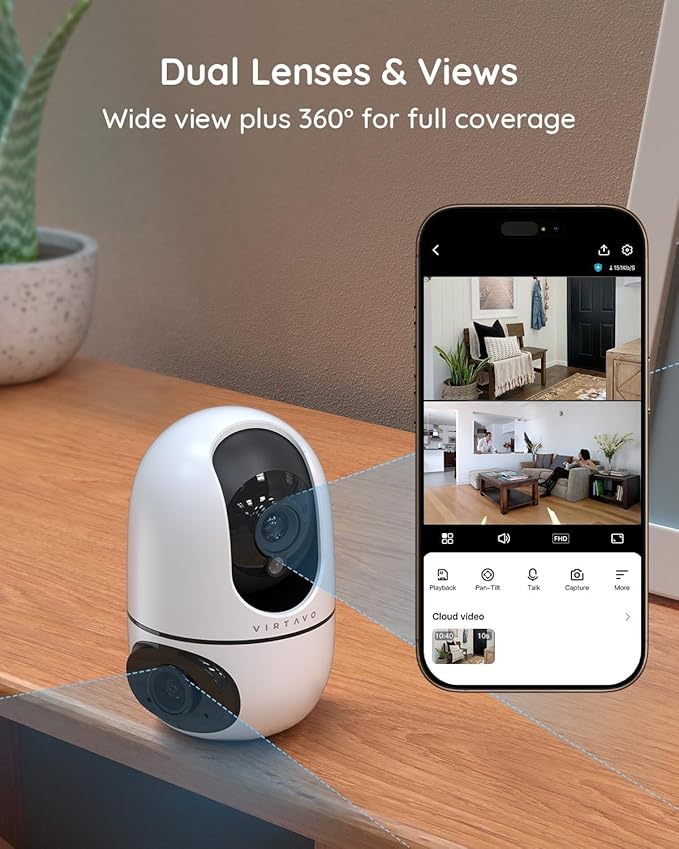 virtavo XD1 Indoor Security WiFi Camera, No Subscription Required, Dual-Lens 360° PTZ Baby Monitor & Pet Cam, Motion Tracking, 2-Way Audio, Night Vision, Cloud/SD Storage, Phone App, Plug-in Power