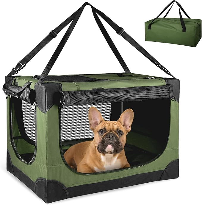 Soft Small Dog Crate - 24 inch Portable Travel Puppy Crate for Small Pets or 2 Cats, Collapsible Pet Carrier with 4 Mesh Doors, Car Kennel for Dogs with Handle for Indoor and Outdoor, Green