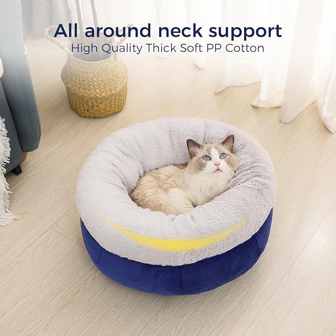 Cat Bed for Indoor Cats,Round Cat Bed for Small Pets,Washable Pet Bed with Non-Skid Bottom,Pet Bed for Puppy and Kitty,19 Inches,Navy