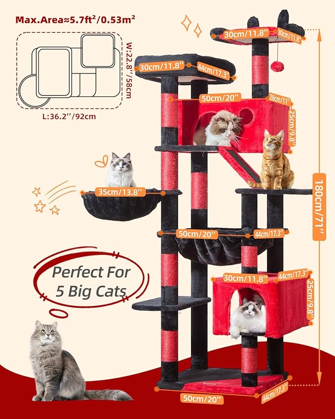 Taoqimiao Gothic Cat Tree 71-Inch, Cat Tower for Indoor Cats Large Adult, Multi-Level Large Cat Condo, 8 Sisal Scratching Posts, Metal Frame Cozy Hammock, Scratch Board, 2 Top Perches, MS026LBR