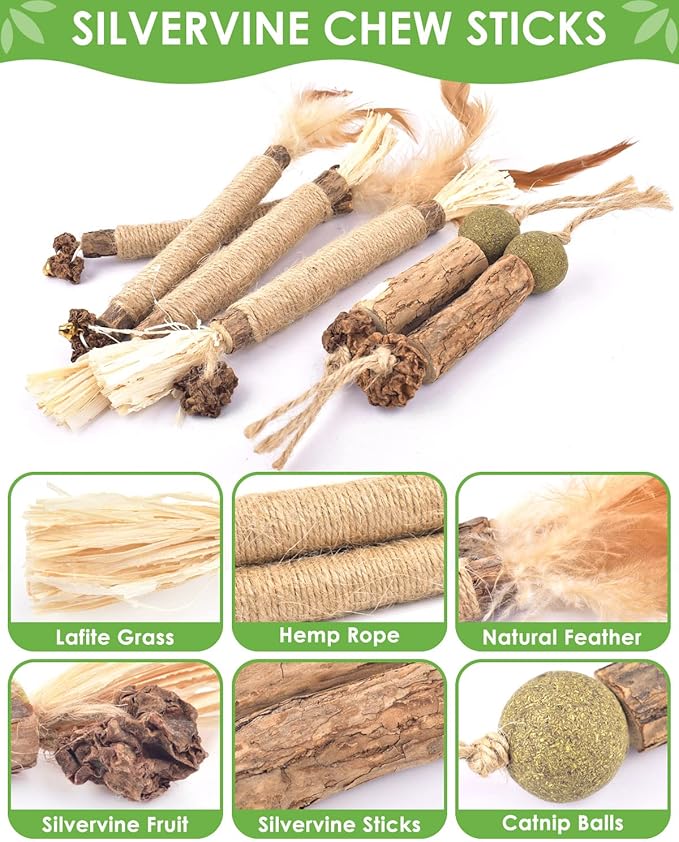 TINDTOP Catnip Chew Toys for Cats, 12 Pack Natural Silvervine Sticks for Kittens Teeth Cleaning, Matatabi Dental Care, Increase Appetite, Calm Cat Anxiety and Stress, Aggressive Chewers Cat Dental Toy