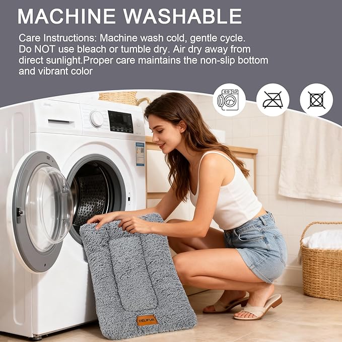 DELIFUR Warm Pet Stroller Pad - Non-Slip Kitten Puppy Bed Mat Soft Plush Winter Liner with Silicone Grips for Crate & Hard Floors Machine Washable Grey