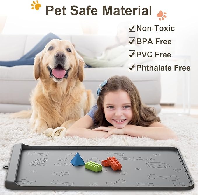 Dog Food Mat - Silicone Dog Mat for Food and Water - 36" x 24" Large Pet Feeding Mats with Residue Collection Pocket - Waterproof Dog Cat Bowl Mat with High Edges to Prevent Water Food Spills (Gray)