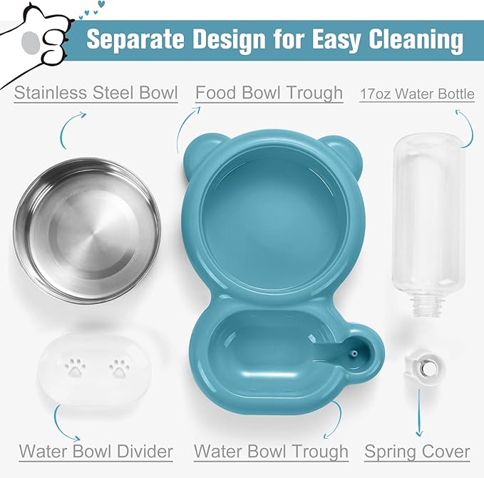 Dog Bowls, Cat Food and Water Bowl Set with Water Dispenser and Stainless Steel Bowl for Cats and Small Dogs - Blue